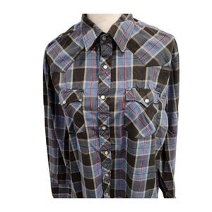 Vintage Authentic Western Youngbloods Cowboy Ranch Wear Plaid Shirt Size L Blue
